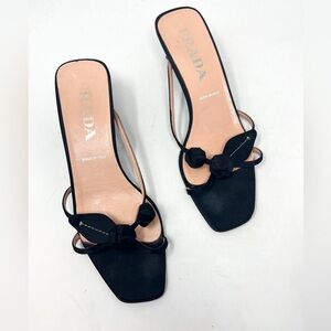 Vintage Prada Rosette Satin Mule Sandal Rosebud Black Kitten Heel size 37